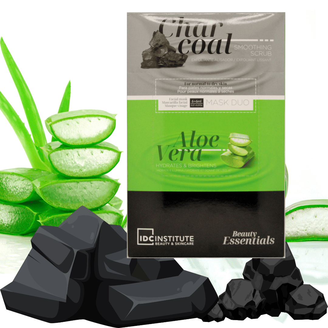 MASCARILLA DUO FACIAL CARBÓN VEGETAL Y ALOE VERA - PIELES NORMALES Y SECAS - EXFOLIA, HIDRATA E ILUMINA